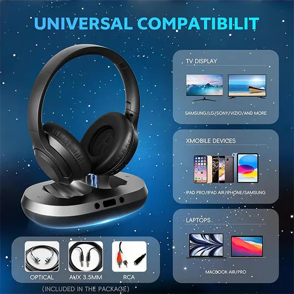 HearTV Wireless TV Headphones for Seniors – 2.4GHz, 65Hr Playtime, No Audio Delay, Optical/AUX/RCA/USB, Charging Base Included