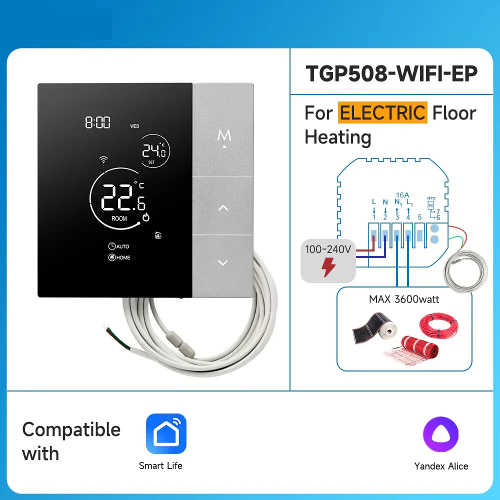 TherMor Smart WiFi Thermostat – 16A Programmable, Alexa & Google Assistant, Touch Display, Electric Floor Heating