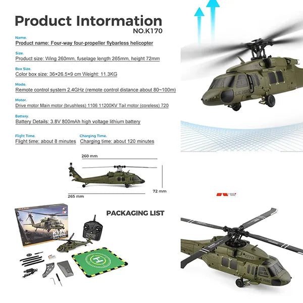 UniHel K170 UH60L RC Helicopter – 2.4G 4CH, 6-Axis Gyroscope, Altitude Hold, Display Stand & Landing Pad