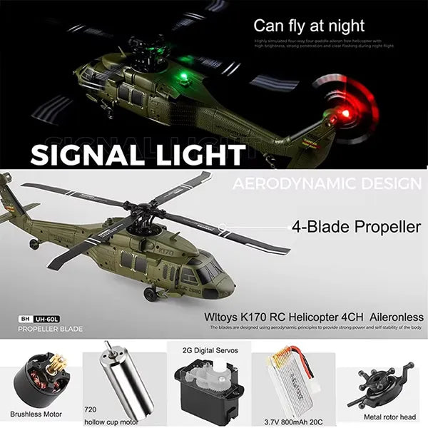 UniHel K170 UH60L RC Helicopter – 2.4G 4CH, 6-Axis Gyroscope, Altitude Hold, Display Stand & Landing Pad