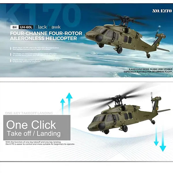 UniHel K170 UH60L RC Helicopter – 2.4G 4CH, 6-Axis Gyroscope, Altitude Hold, Display Stand & Landing Pad