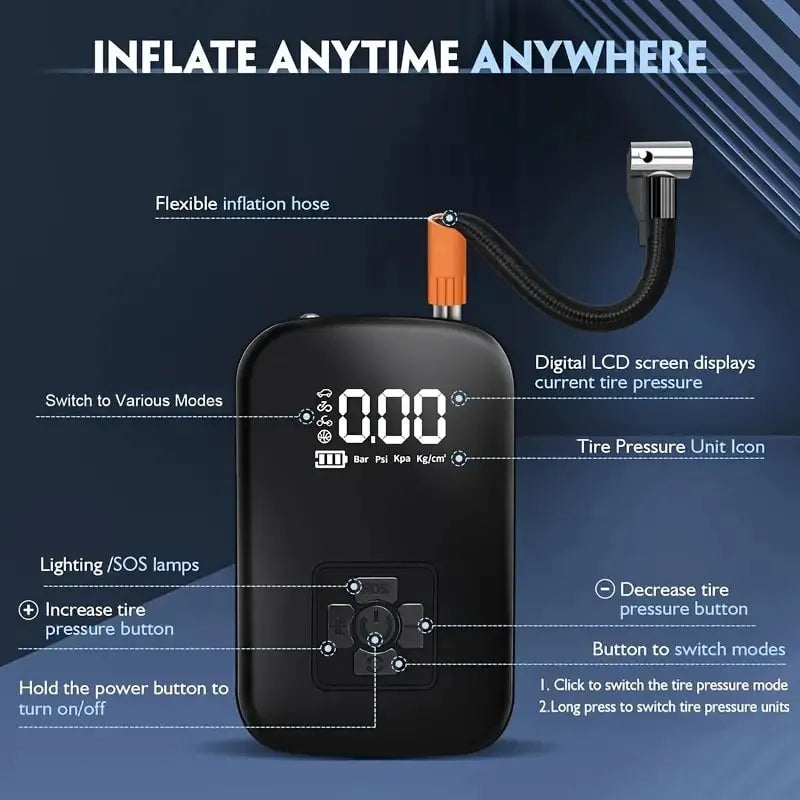 Voltire Portable Tire Inflator – 100W Wireless Air Pump, 3–150 PSI, 3600mAh Battery