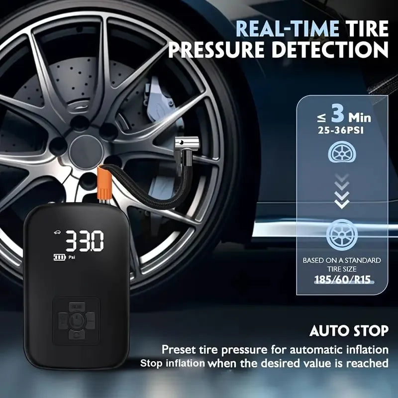 Voltire Portable Tire Inflator – 100W Wireless Air Pump, 3–150 PSI, 3600mAh Battery
