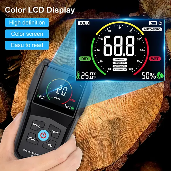 WodyTer Pinless Moisture Meter – Wood, Walls, Drywall & Concrete | 3-Color LCD & Audible Alarm