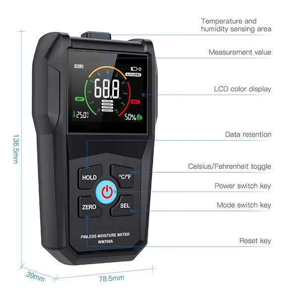 WodyTer Pinless Moisture Meter – Wood, Walls, Drywall & Concrete | 3-Color LCD & Audible Alarm