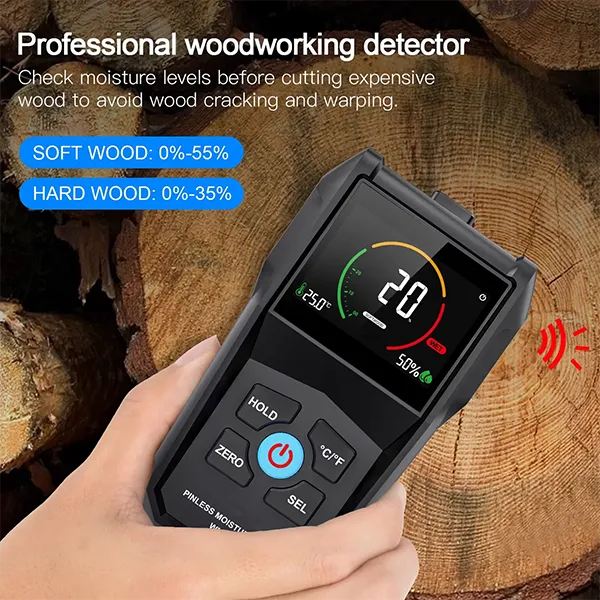 WodyTer Pinless Moisture Meter – Wood, Walls, Drywall & Concrete | 3-Color LCD & Audible Alarm