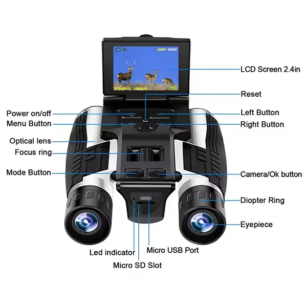 CamBino Digital Binoculars with Camera – 48MP, 2.5K Video, 8X Zoom, 2.4" LCD, IPS Anti-Glare, 32GB SD Card for Birdwatching & Travel
