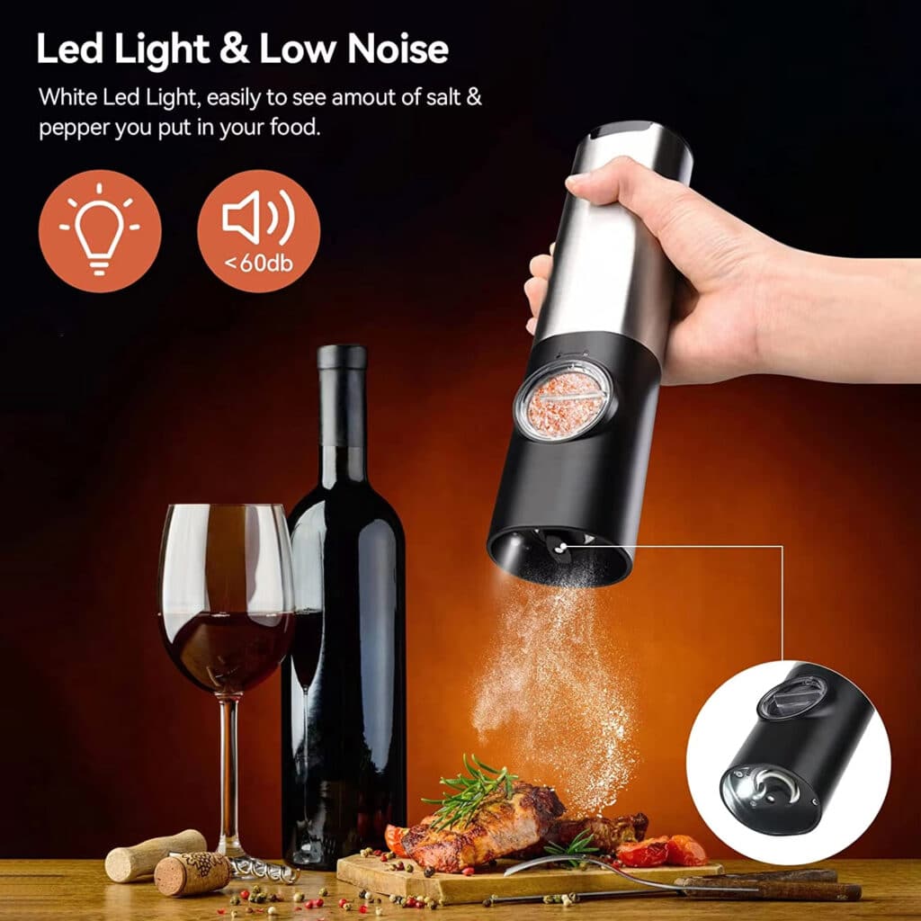 Kivoroa Electric Salt & Pepper Grinder Set – One-Touch, USB Rechargeable with LED Light & Adjustable Coarseness