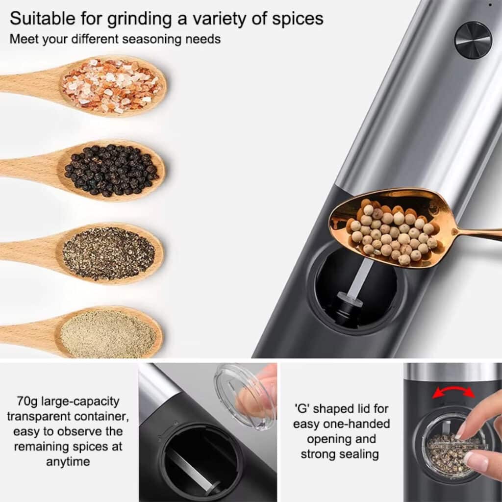 Kivoroa Electric Salt & Pepper Grinder Set – One-Touch, USB Rechargeable with LED Light & Adjustable Coarseness