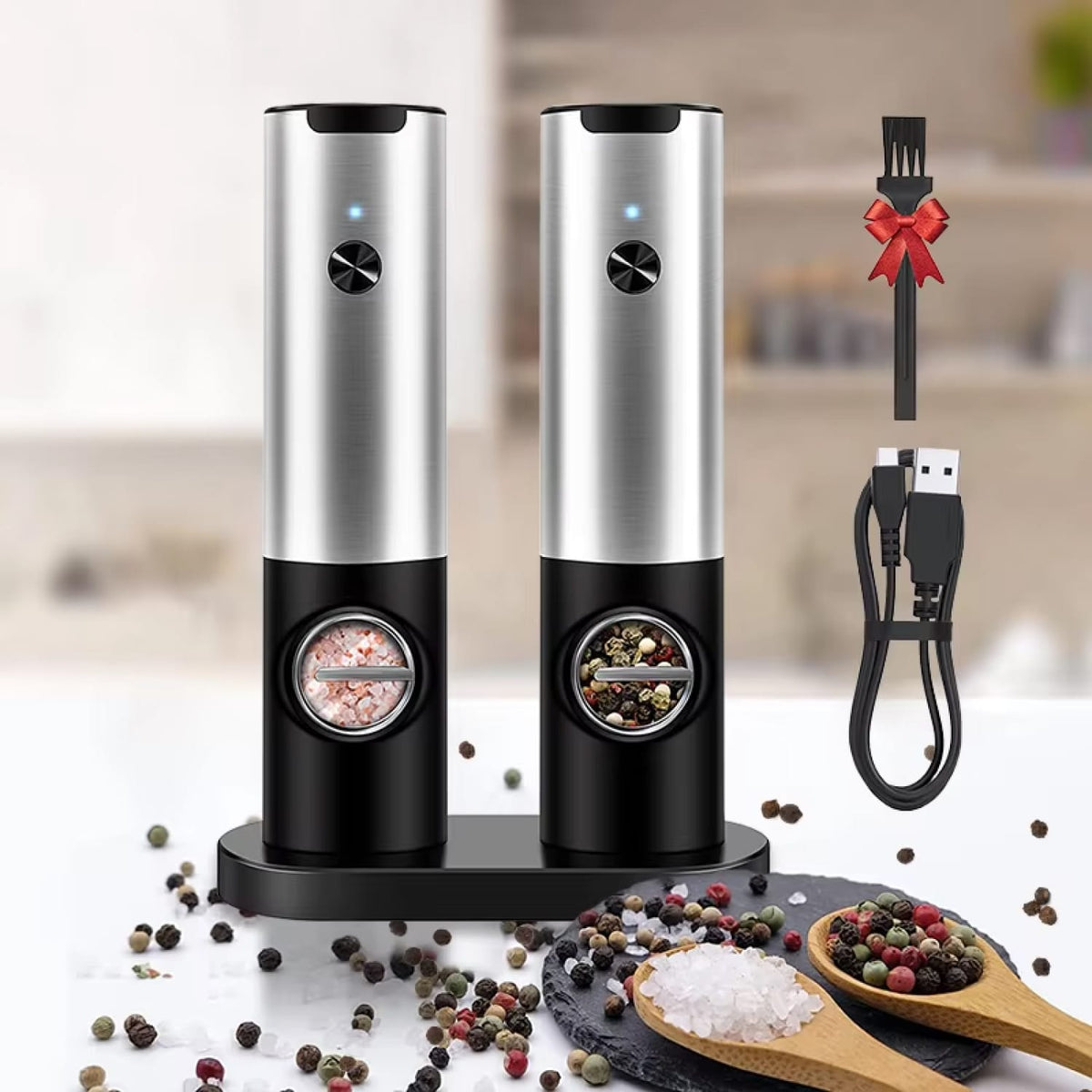 Kivoroa Electric Salt & Pepper Grinder Set – One-Touch, USB Rechargeable with LED Light & Adjustable Coarseness
