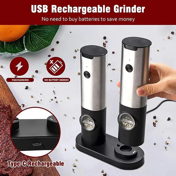 Kivoroa Electric Salt & Pepper Grinder Set – LED Light, Adjustable Coarseness & Storage Base