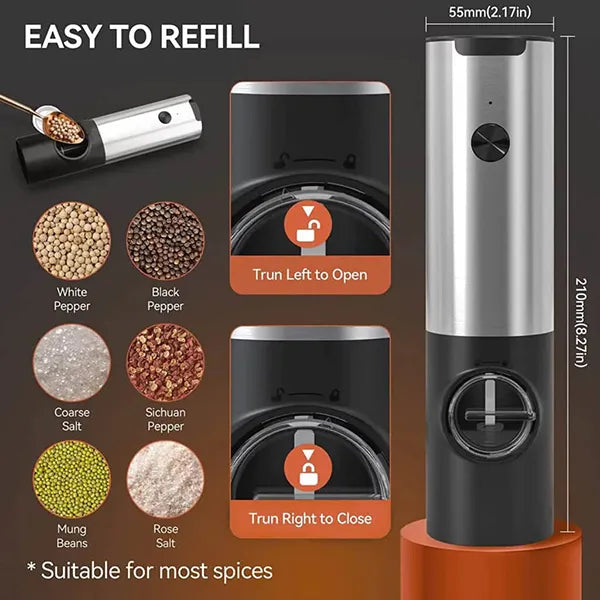 Kivoroa Electric Salt & Pepper Grinder Set – LED Light, Adjustable Coarseness & Storage Base