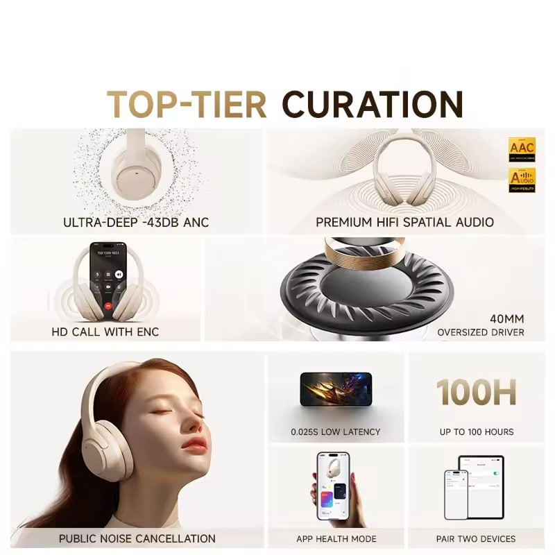 UniDamy Noise Cancelling Headphones – Wireless Bluetooth Over-Ear Headphones | Beige, Black & Pink