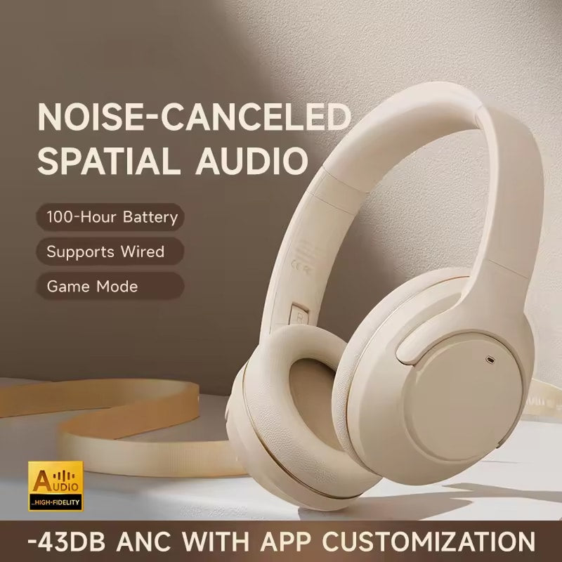 UniDamy Noise Cancelling Headphones – Wireless Bluetooth Over-Ear Headphones | Beige, Black & Pink