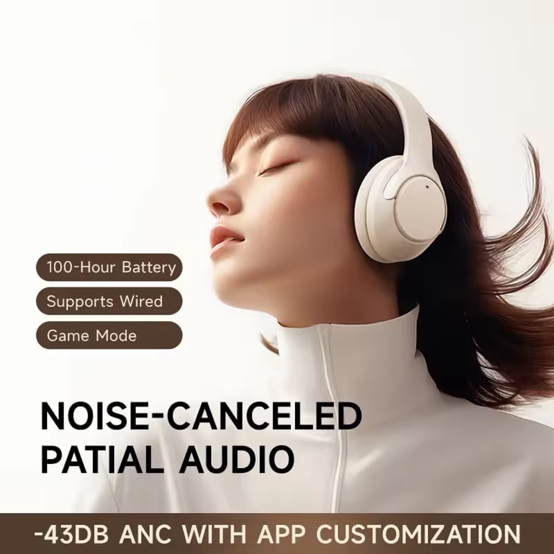 UniDamy Noise Cancelling Headphones – Wireless Bluetooth Over-Ear Headphones | Beige, Black & Pink