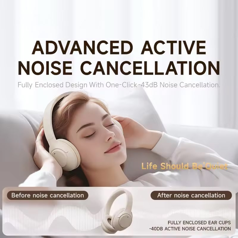 UniDamy Noise Cancelling Headphones – Wireless Bluetooth Over-Ear Headphones | Beige, Black & Pink