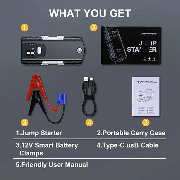 PoliStar Portable Car Jump Starter – Multi-Function Jump Box with Fast Charging, LCD Display & LED Light
