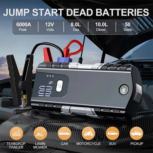 PoliStar Portable Car Jump Starter – Multi-Function Jump Box with Fast Charging, LCD Display & LED Light